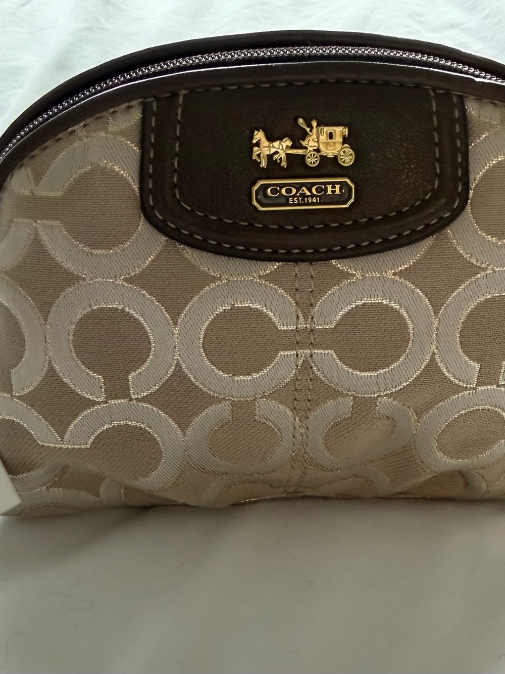 Coach Beige Signature C Cosmetic Makeup Pouch with Gold Logo